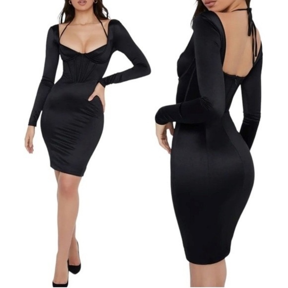 HOUSE OF CB 'Grazia' Black Disco Satin Corset Dress - Picture 2 of 9